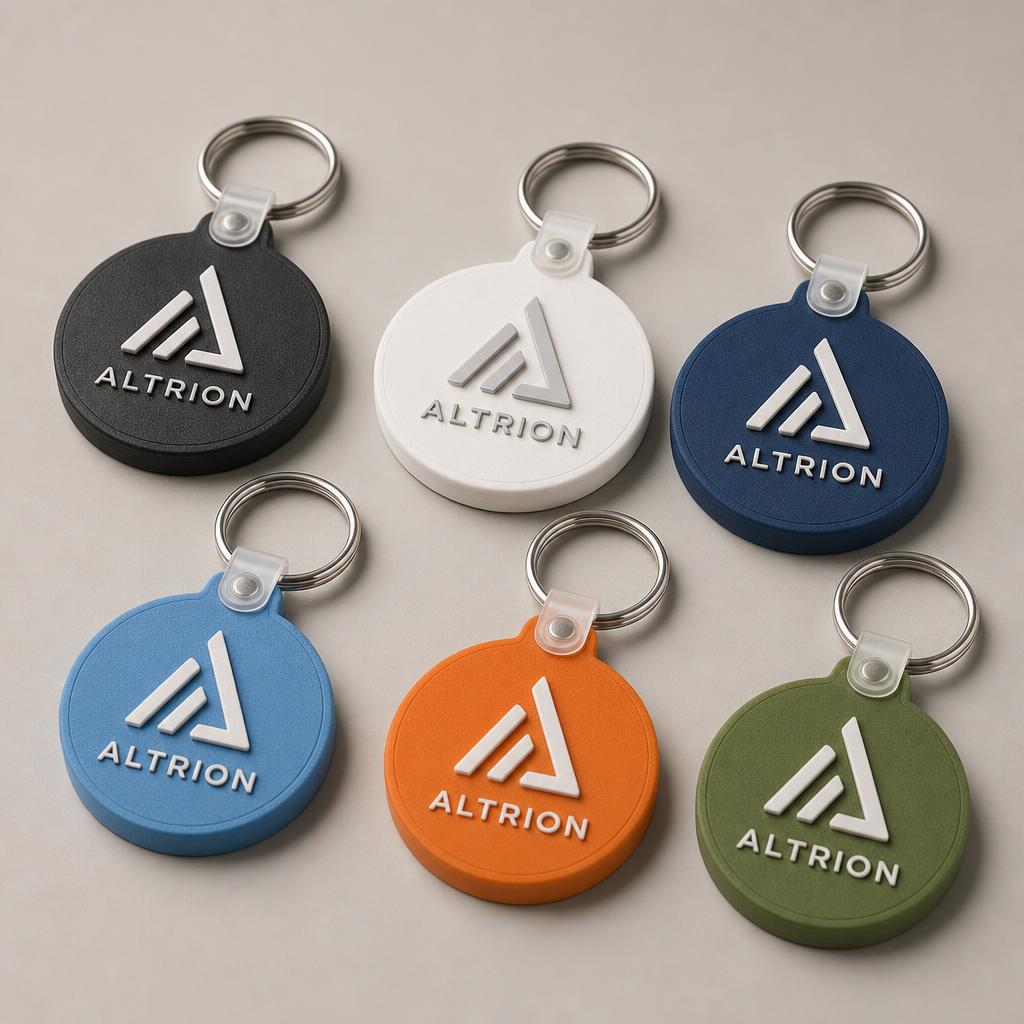 Branded corporate 3D printed keyrings with company logo in multiple colors