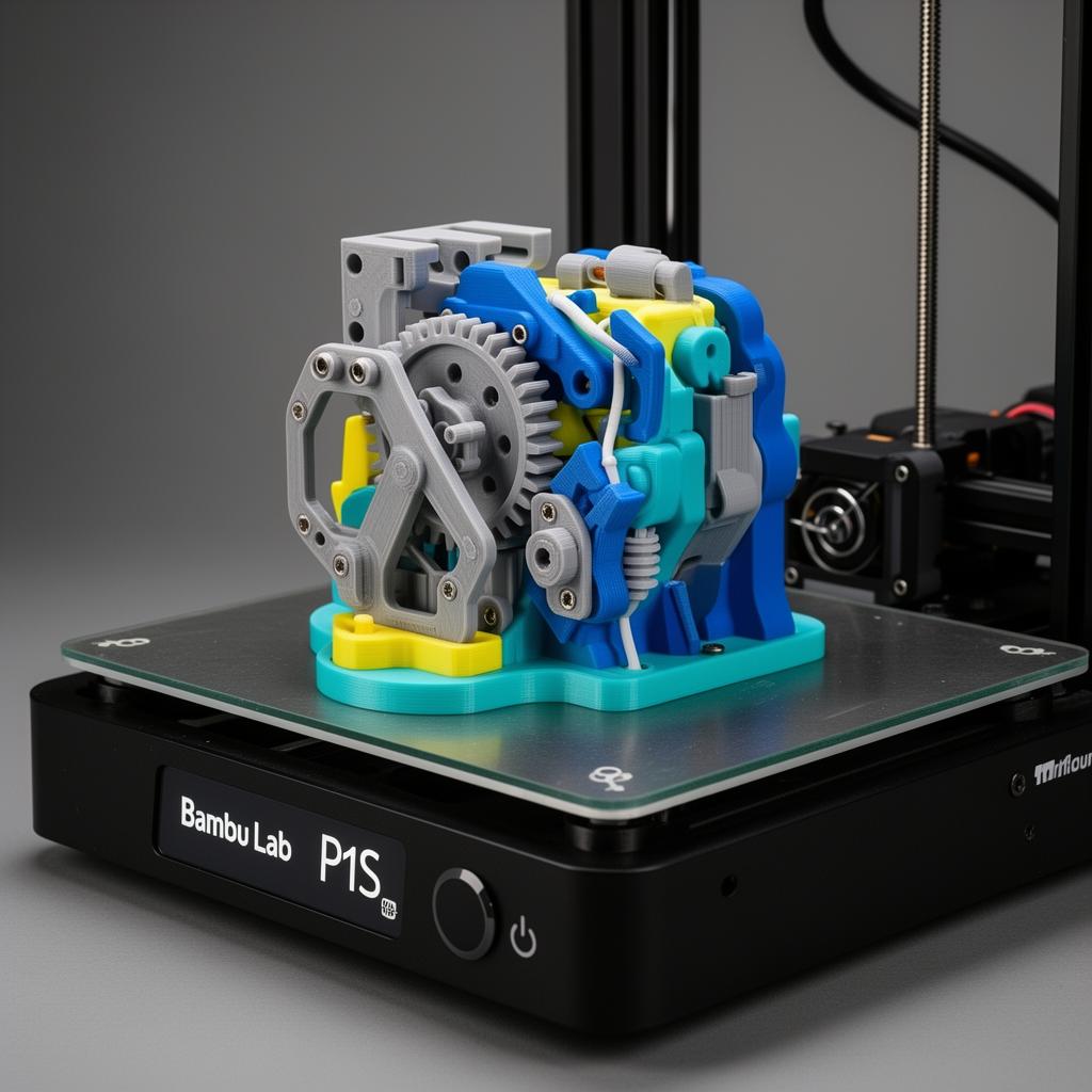 Multi-color mechanical assembly prototype with gears printed on Bambu Lab P1S