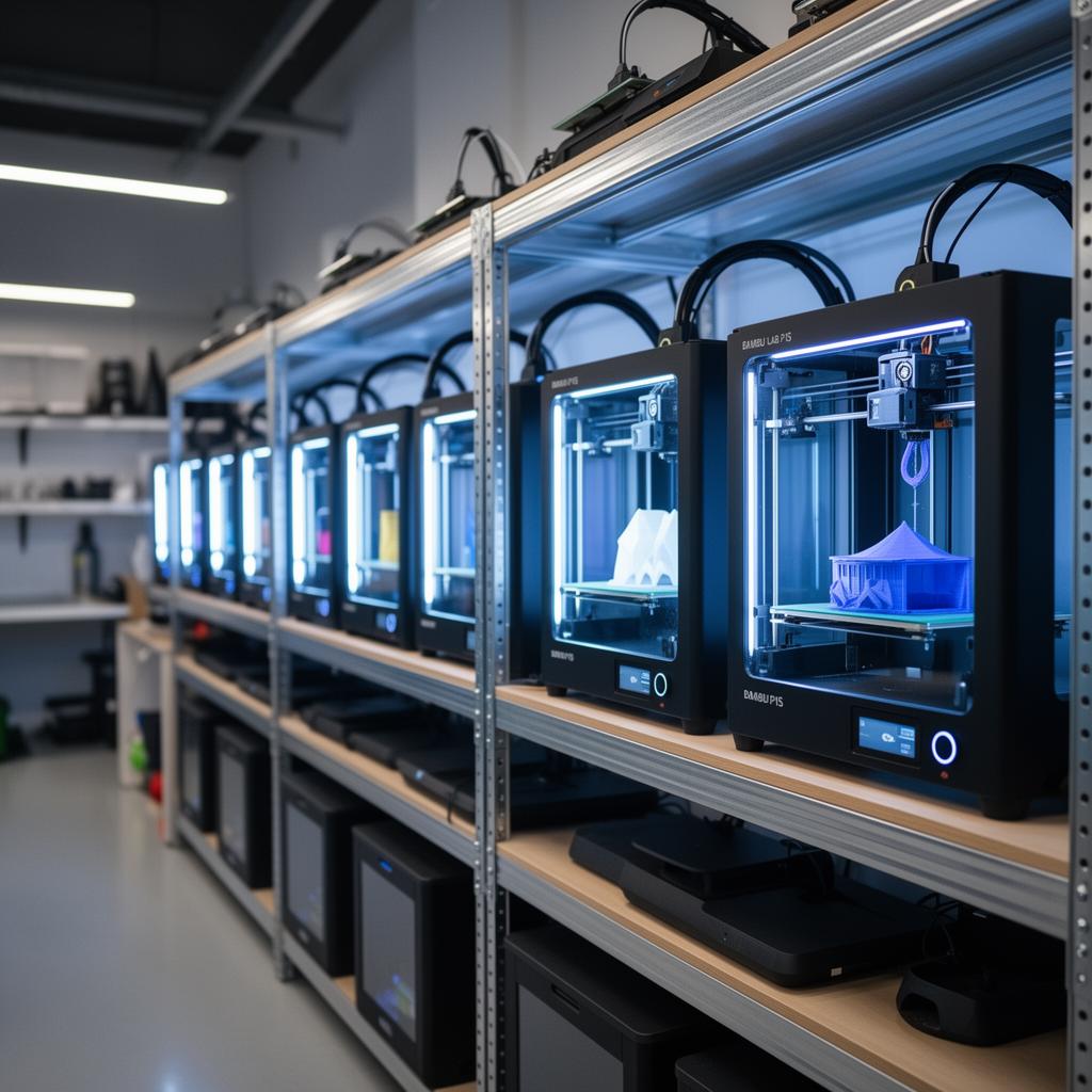 CraftPixel3D in-house print farm with a row of Bambu Lab P1S 3D printers running production batches